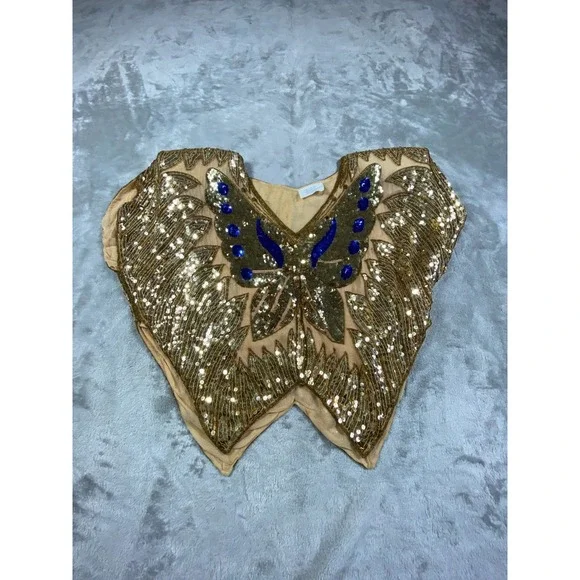 Silk Sequin Butterfly Top Womens Medium Gold Blue Embellished Festival Y2K Boho - Picture 4 of 8